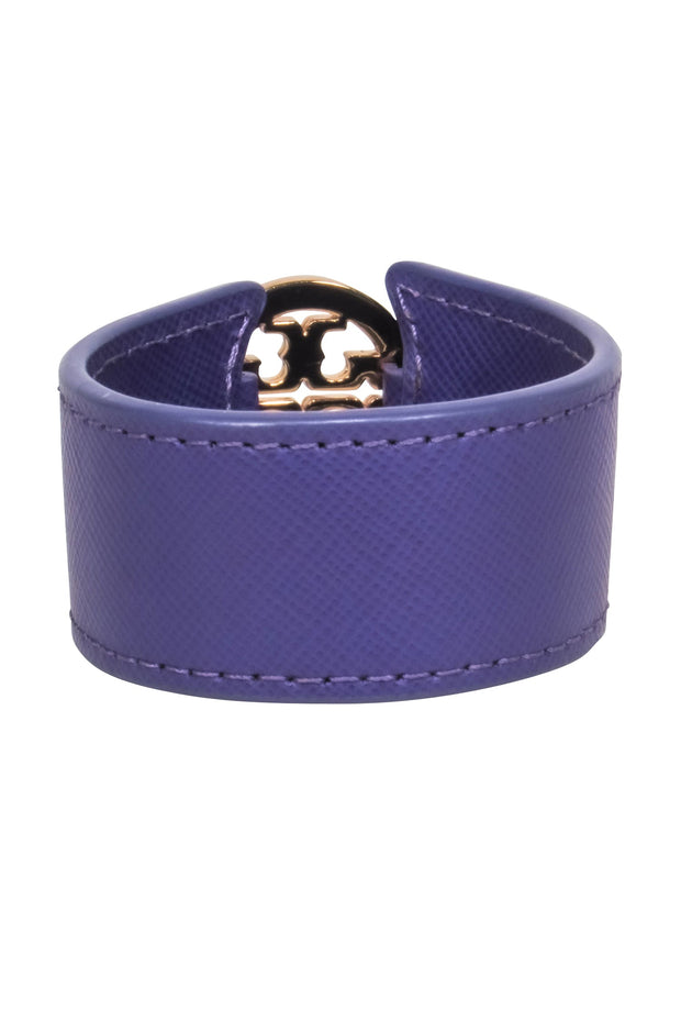 Current Boutique-Tory Burch - Purple Leather Cuff w/ Gold Logo Bracelet