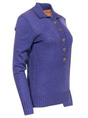 Current Boutique-Tory Burch - Purple Wool Blend Half Button-Up Sweater w/ Logo Buttons Sz M