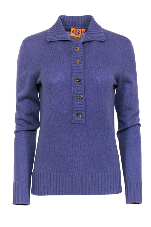 Current Boutique-Tory Burch - Purple Wool Blend Half Button-Up Sweater w/ Logo Buttons Sz M