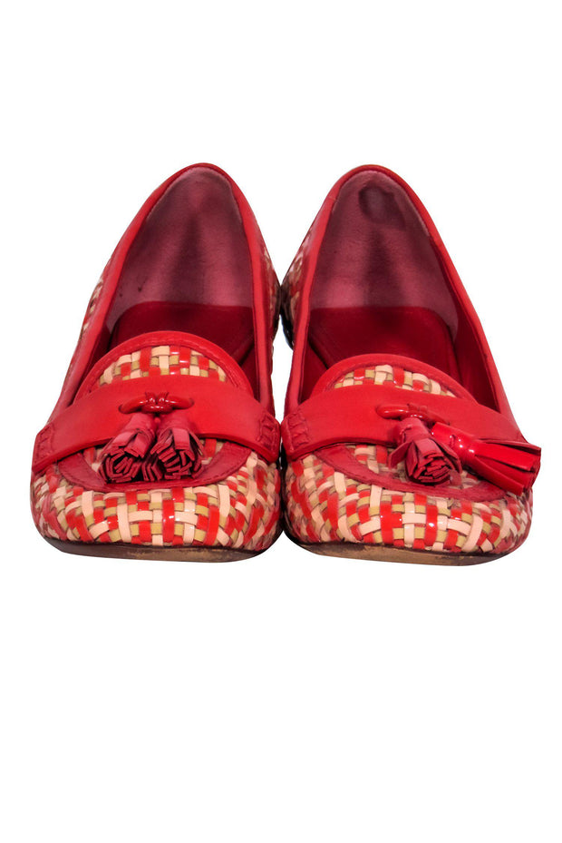 Current Boutique-Tory Burch - Red & Beige Woven Block Heel Tassel Heels Sz 9