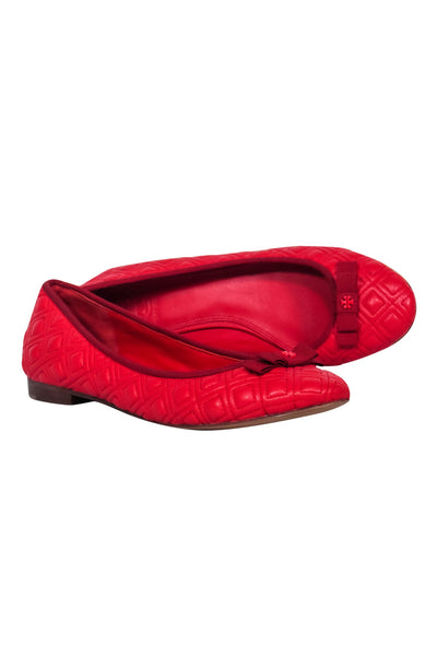 Current Boutique-Tory Burch - Red Quilted Leather Ballet Flats w/ Logo Embellished Bow Sz 7.5
