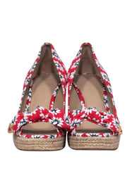 Current Boutique-Tory Burch - Red & White Floral Print Peep Toe Woven Wedges Sz 10