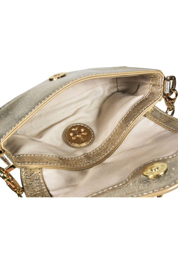 Current Boutique-Tory Burch - Small Gold Metallic Textured Leather Chain Crossbody w/ Logo