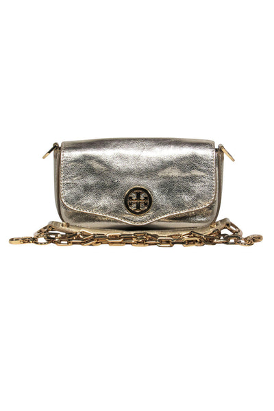 Current Boutique-Tory Burch - Small Gold Metallic Textured Leather Chain Crossbody w/ Logo