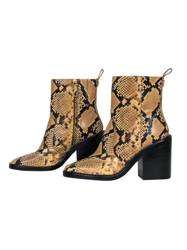 Current Boutique-Tory Burch - Tan & Black Snakeskin Embossed Mid-Calf Heeled Booties Sz 9.5