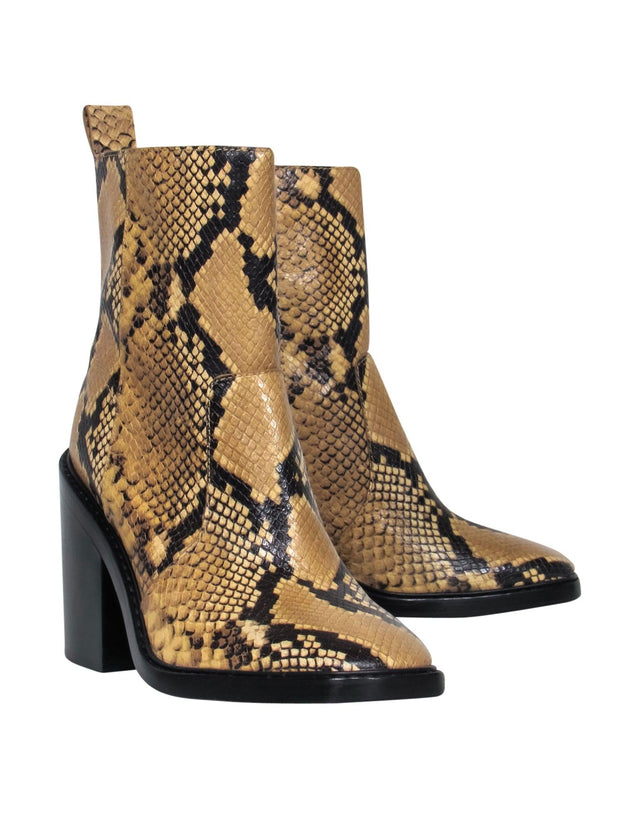 Current Boutique-Tory Burch - Tan & Black Snakeskin Embossed Mid-Calf Heeled Booties Sz 9.5