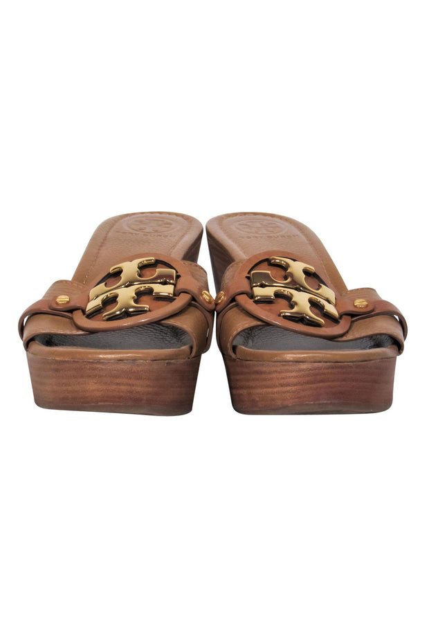 Current Boutique-Tory Burch - Tan Leather Stacked Wooden Wedges Sz 9