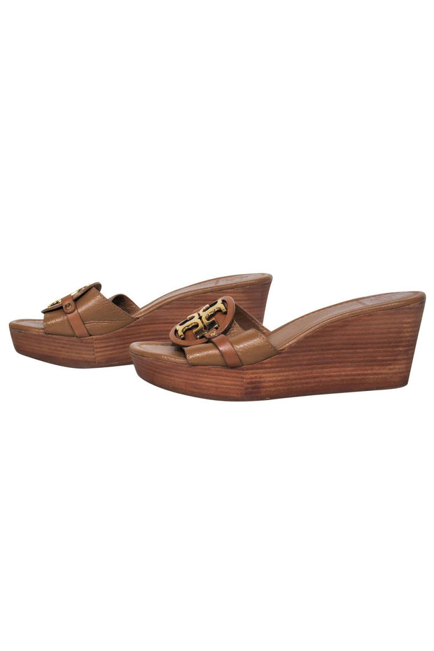 Current Boutique-Tory Burch - Tan Leather Stacked Wooden Wedges Sz 9