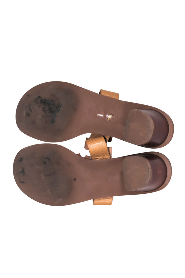 Current Boutique-Tory Burch - Tan Logo Thong Leather Sandals w/ Block Heel Sz 7.5