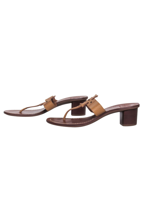 Current Boutique-Tory Burch - Tan Logo Thong Leather Sandals w/ Block Heel Sz 7.5
