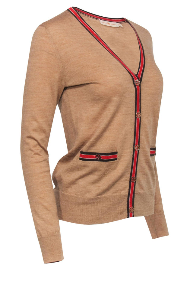 Current Boutique-Tory Burch - Tan Merino Wool Cardigan w/ Striped Trim & Logo Buttons Sz XS