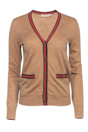 Current Boutique-Tory Burch - Tan Merino Wool Cardigan w/ Striped Trim & Logo Buttons Sz XS
