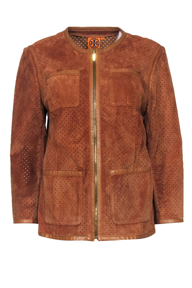 Current Boutique-Tory Burch - Tan Perforated Suede Leather Jacket Sz 12