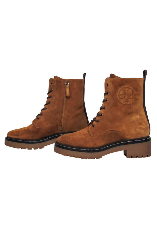 Current Boutique-Tory Burch - Tan Suede Lace-Up Combat Boots w/ Embossed Logo Sz 7