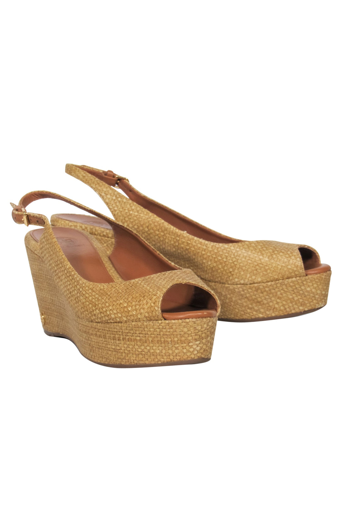 Tory newest Burch Woven Braided Brown Leather Design Platfrom Wedges