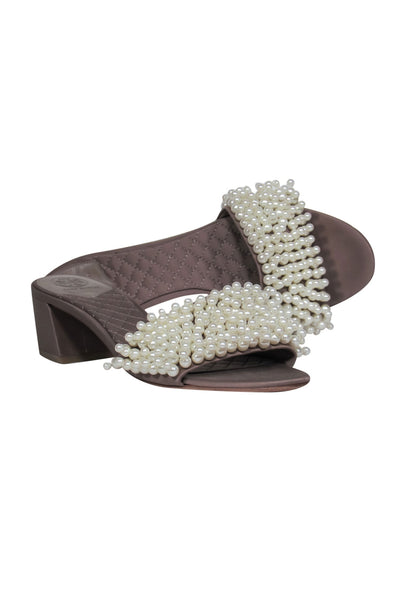 Current Boutique-Tory Burch - Taupe Satin & Pearl Beaded Mule Sandals Sz 8.5