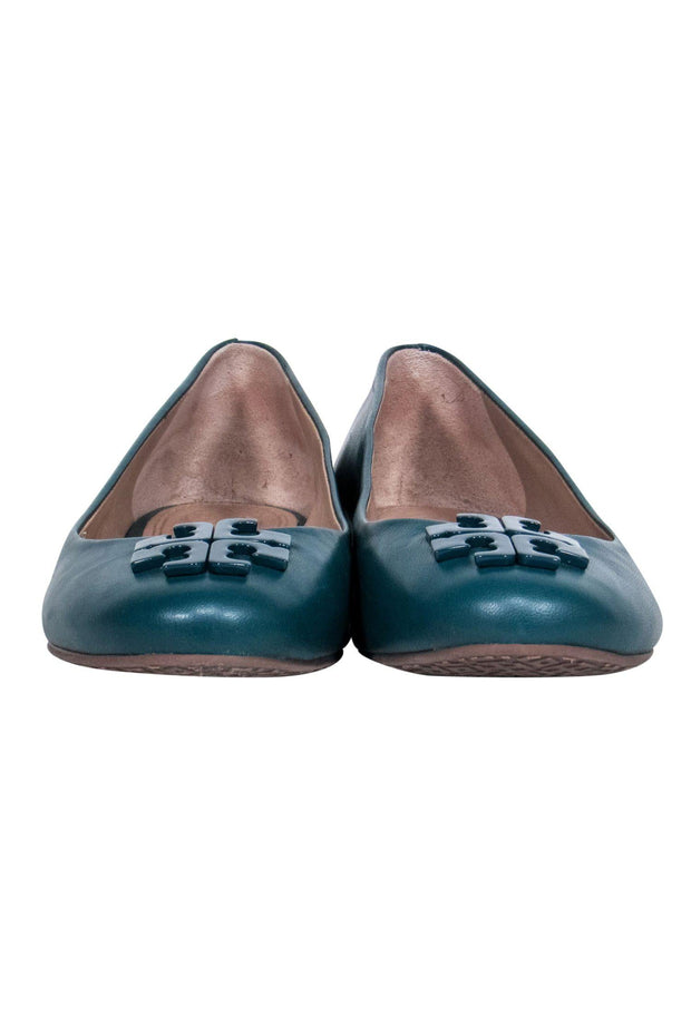 Current Boutique-Tory Burch - Teal Smooth Leather Logo Flats Sz 6.5