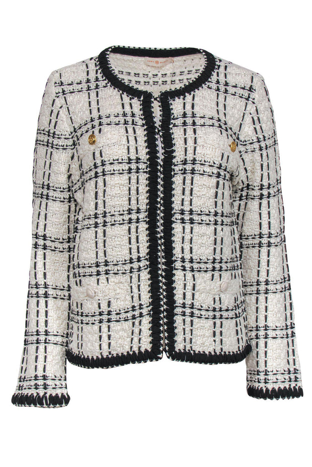 Current Boutique-Tory Burch - White & Black Plaid Woven Tweed Jacket Sz XL