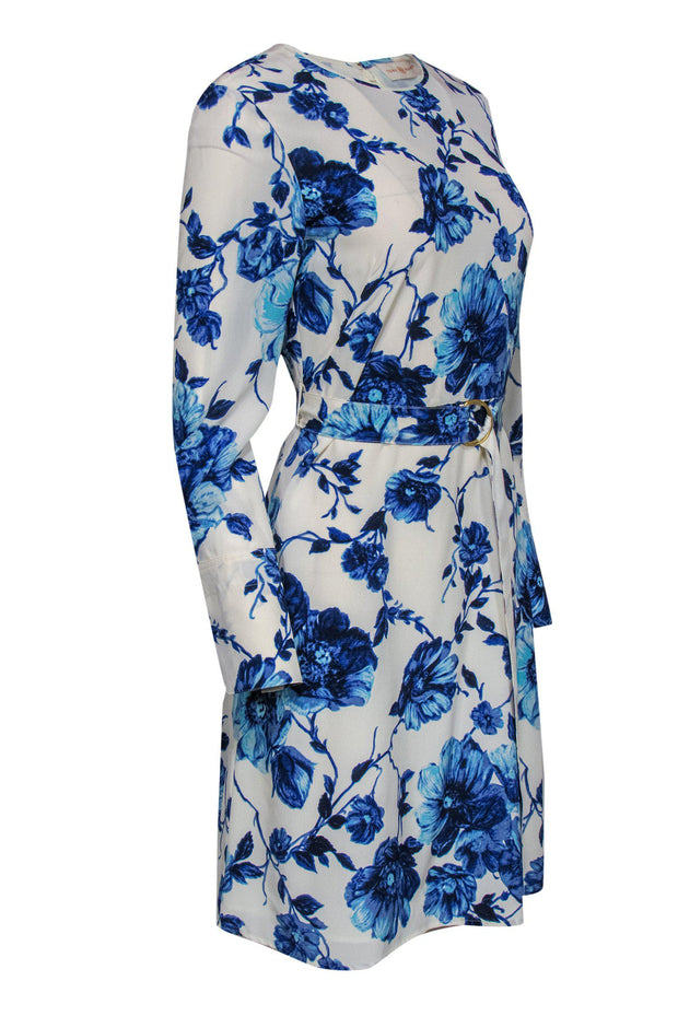 Current Boutique-Tory Burch - White & Blue Floral Print Silk Sheath Dress w/ Belt Sz 6