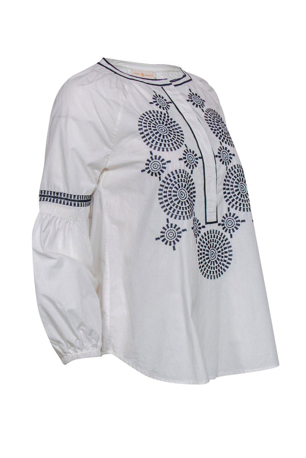 Current Boutique-Tory Burch - White Cotton Peasant Blouse w/ Embroidery Sz 0