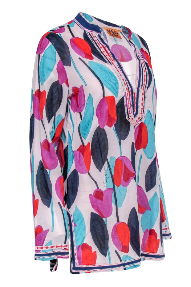 Tory Burch - White Cotton Tunic w/ Teal, Navy, Red & Purple Tulip