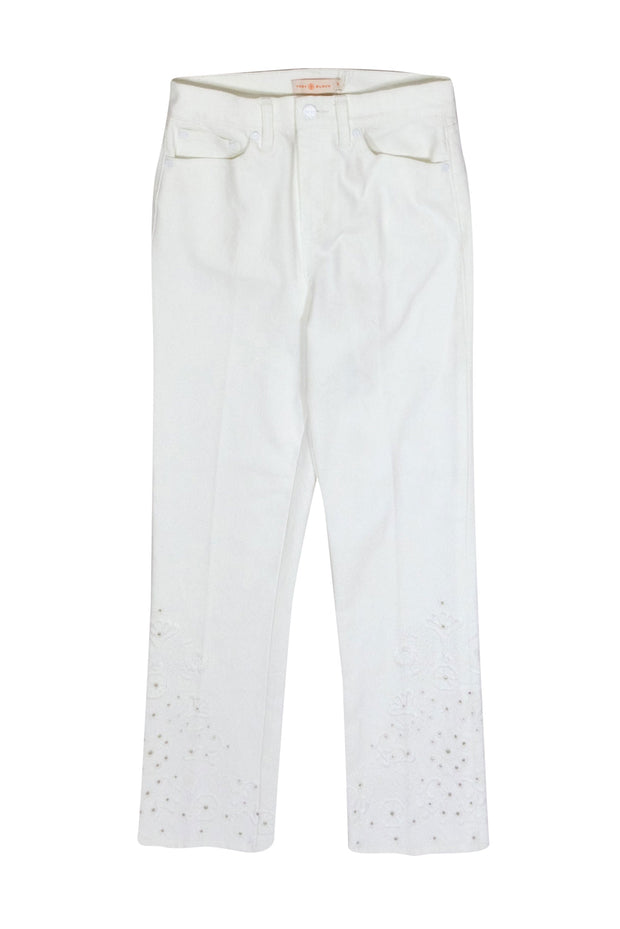 Current Boutique-Tory Burch - White Floral Embroidered High-Waist Straight Leg "Keira" Jeans Sz 26