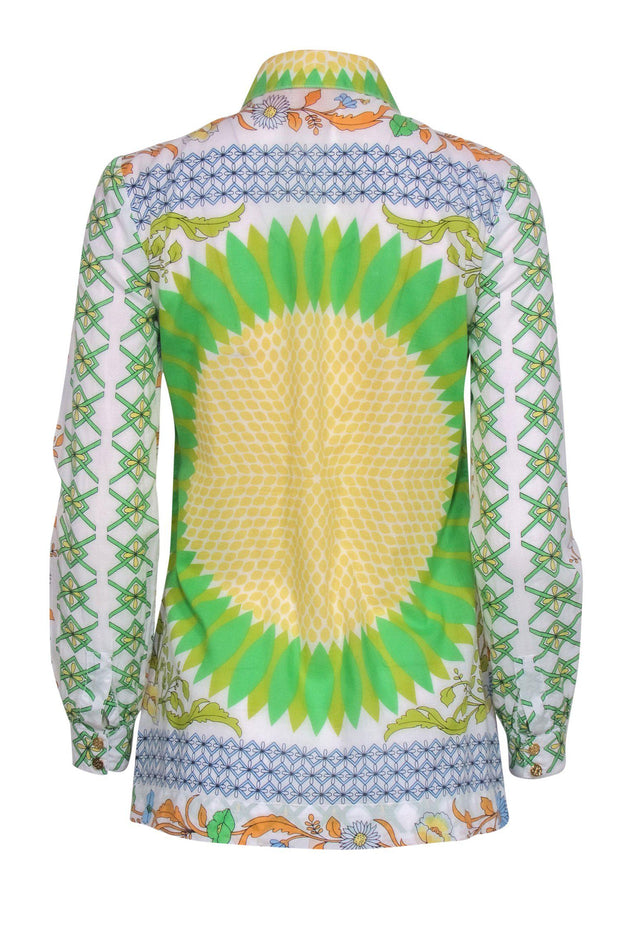 Current Boutique-Tory Burch - White, Green & Yellow Bohemian Print Long Sleeve Button-Up Blouse Sz 2