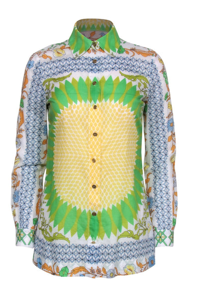 Current Boutique-Tory Burch - White, Green & Yellow Bohemian Print Long Sleeve Button-Up Blouse Sz 2