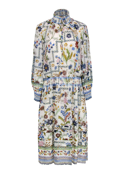 Current Boutique-Tory Burch - White & Multicolored Floral & Bird Print Midi Dress Sz 14