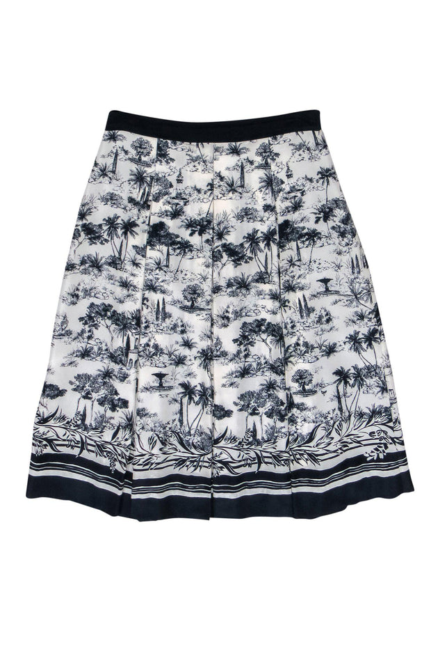 Current Boutique-Tory Burch - White & Navy Garden Print Pleated Silk A-Line Skirt Sz 2