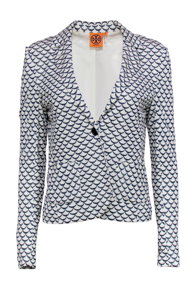 Current Boutique-Tory Burch - White & Navy Scalloped Printed Blazer Sz M