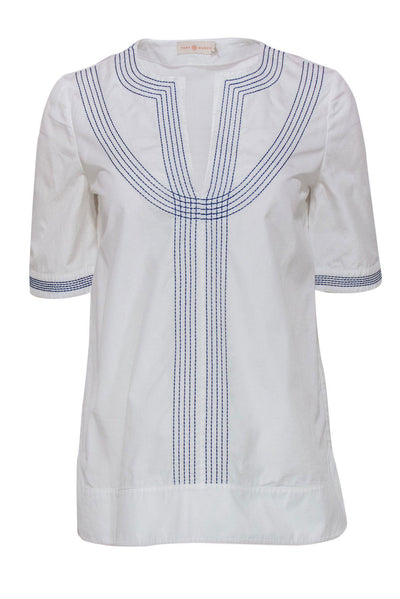 Current Boutique-Tory Burch - White Short Sleeve Blouse w/ Navy Embroidery Sz 4