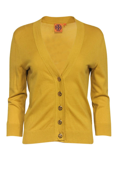 Current Boutique-Tory Burch - Yellow Button-Up Cotton Cardigan w/ Logo Buttons Sz M