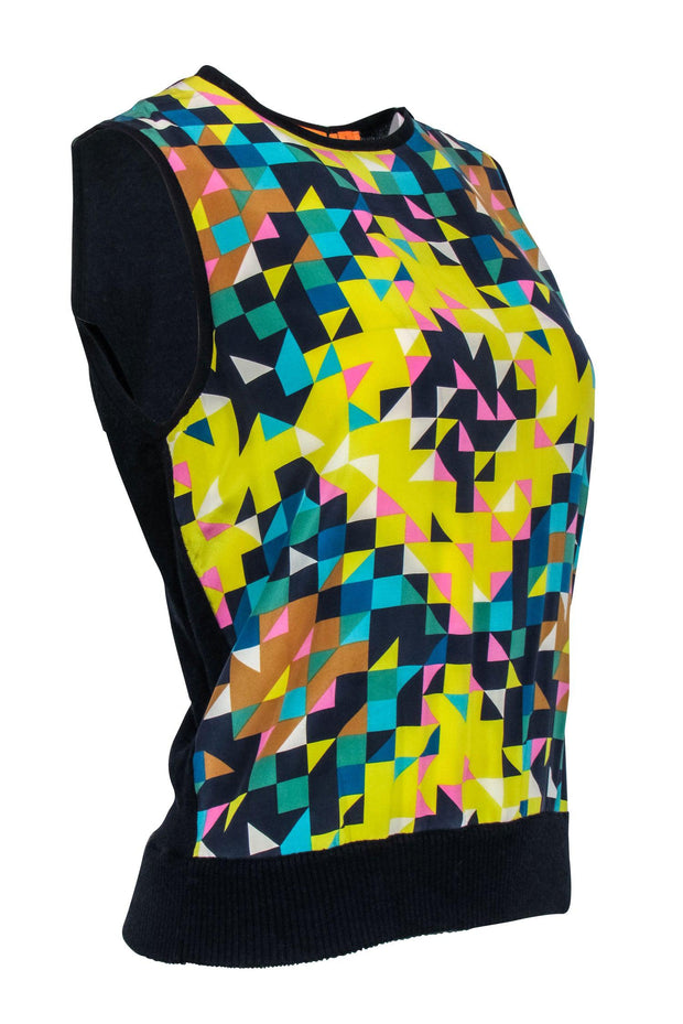 Current Boutique-Tory Burch - Yellow, Navy, & Pink Geometric Print Silk Tank w/ Knit Back & Trim Sz S