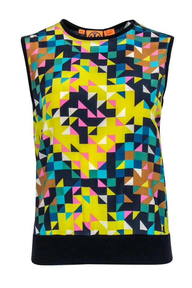 Current Boutique-Tory Burch - Yellow, Navy, & Pink Geometric Print Silk Tank w/ Knit Back & Trim Sz S
