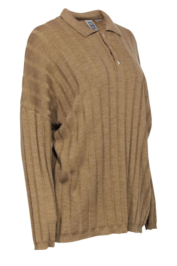 Current Boutique-Totême - Golden Tan Ribbed Merino Wool Collared Sweater Top Sz S