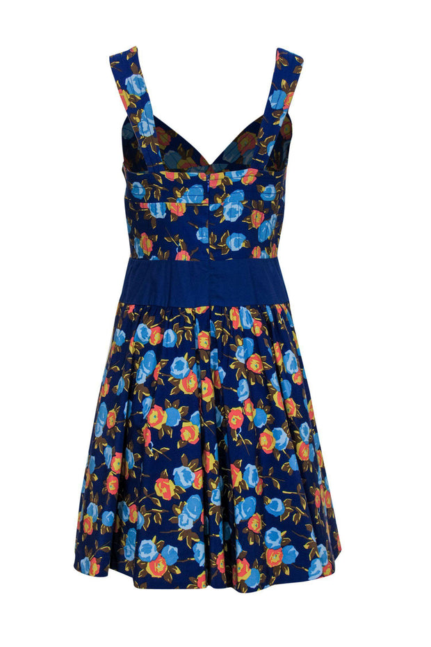 Current Boutique-Tracy Reese - Blue & Orange Floral Print Sleeveless A-Line Dress Sz S