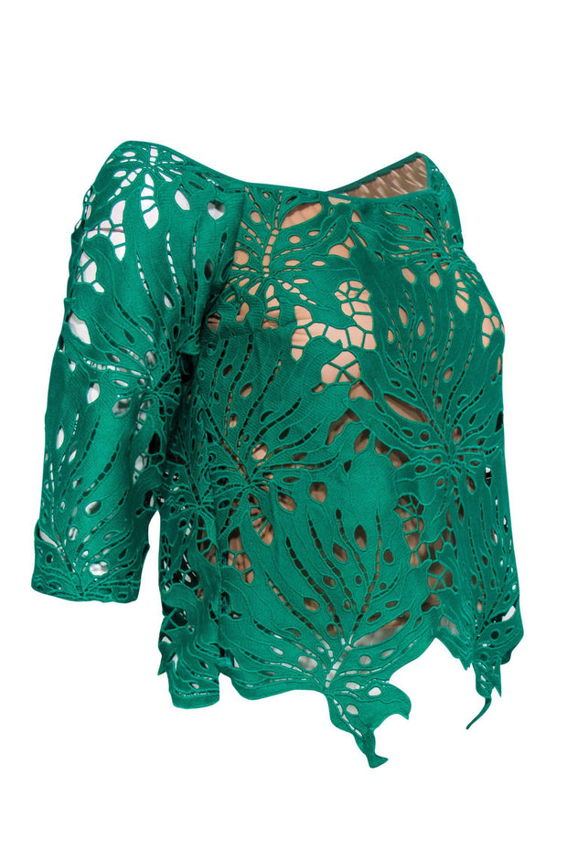 Current Boutique-Tracy Reese - Green Leaf Lace Quarter Sleeve Blouse Sz XS