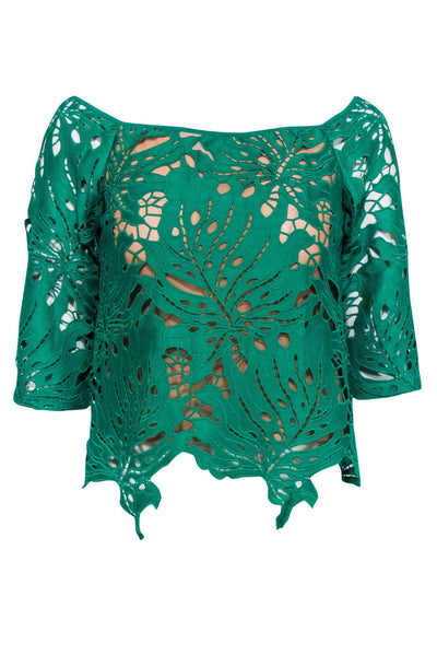 Current Boutique-Tracy Reese - Green Leaf Lace Quarter Sleeve Blouse Sz XS