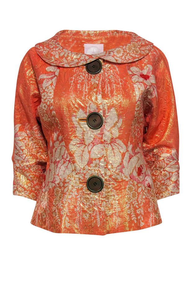 Current Boutique-Tracy Reese - Metallic Orange Floral Brocade Peter Pan Collar Jacket Sz 4