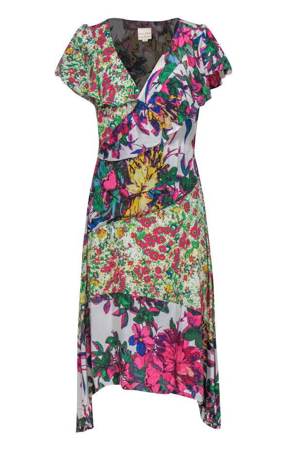 Current Boutique-Tracy Reese - Mixed Floral Multicolor Faux Wrap Dress w/ Ruffles Sz M
