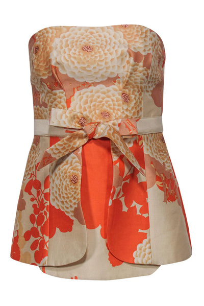 Current Boutique-Tracy Reese - Orange & Cream Floral Print Strapless Top w/ Bow Sz 2