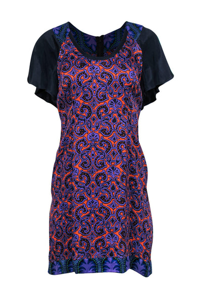 Current Boutique-Tracy Reese - Orange, Purple & Navy Printed Short Sleeve Shift Dress Sz 6