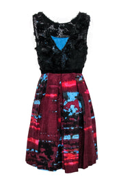Current Boutique-Tracy Reese - Red & Blue Printed A-Line Dress w/ Floral Bodice Sz 12