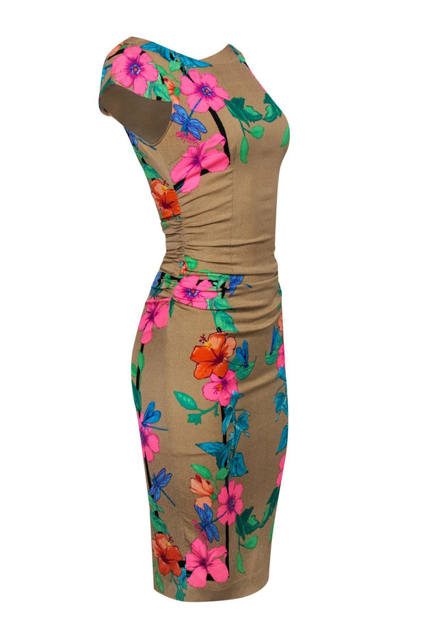 Current Boutique-Tracy Reese - Tan & Multicolored Tropical Floral Print Cap Sleeve Midi Dress Sz 4
