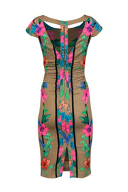 Current Boutique-Tracy Reese - Tan & Multicolored Tropical Floral Print Cap Sleeve Midi Dress Sz 4