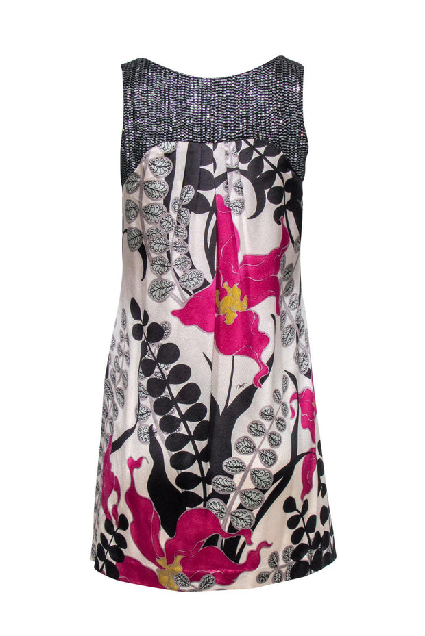 Current Boutique-Trina Turk - Beige, Black & Pink Floral Print Silk Shift Dress w/ Sequin Trim Sz S