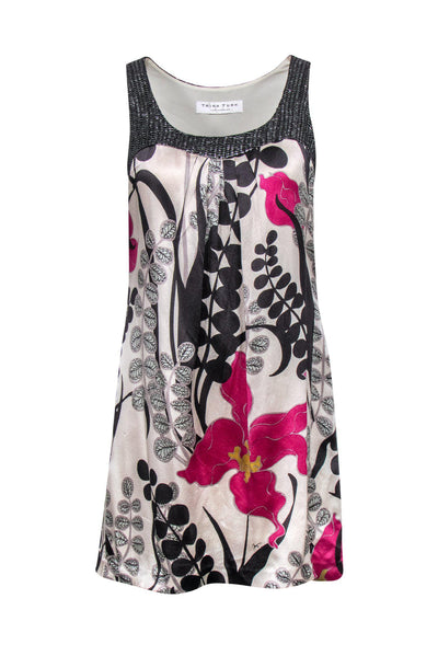 Current Boutique-Trina Turk - Beige, Black & Pink Floral Print Silk Shift Dress w/ Sequin Trim Sz S