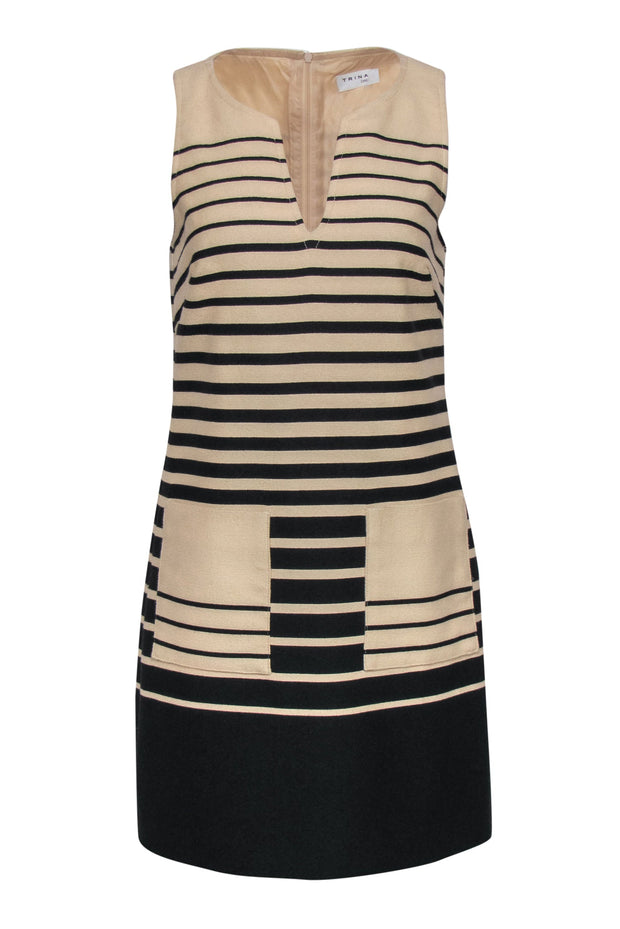 Current Boutique-Trina Turk - Beige & Navy Striped Sleeveless Shift Dress Sz 6