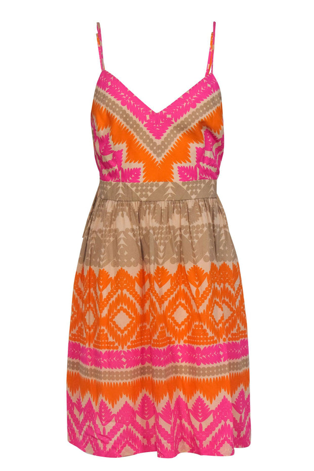 Current Boutique-Trina Turk - Beige, Pink & Orange Bohemian Print Fit & Flare Dress Sz 8